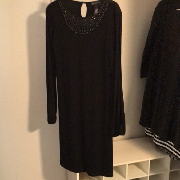 EUC “INC” BLACK COCKTAIL DRESS. EMBELLISHED NECKLINE LONG SLEEVES W/ELASTIC HEM - Picture 1 of 7
